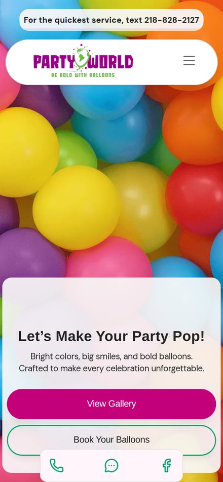 The same Be Bold Balloons site on a phone