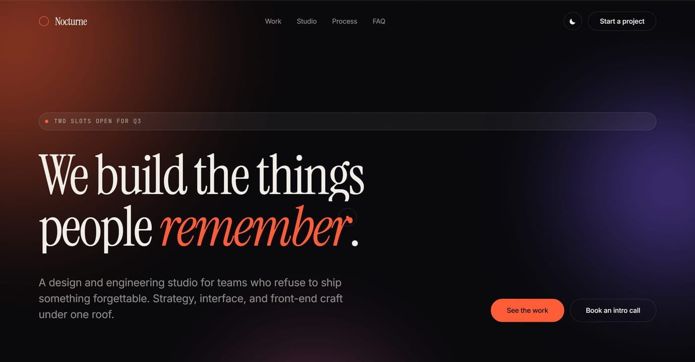 The Nocturne homepage: a pale pink and lilac gradient behind serif type reading We build the things people remember, the last word in orange italic