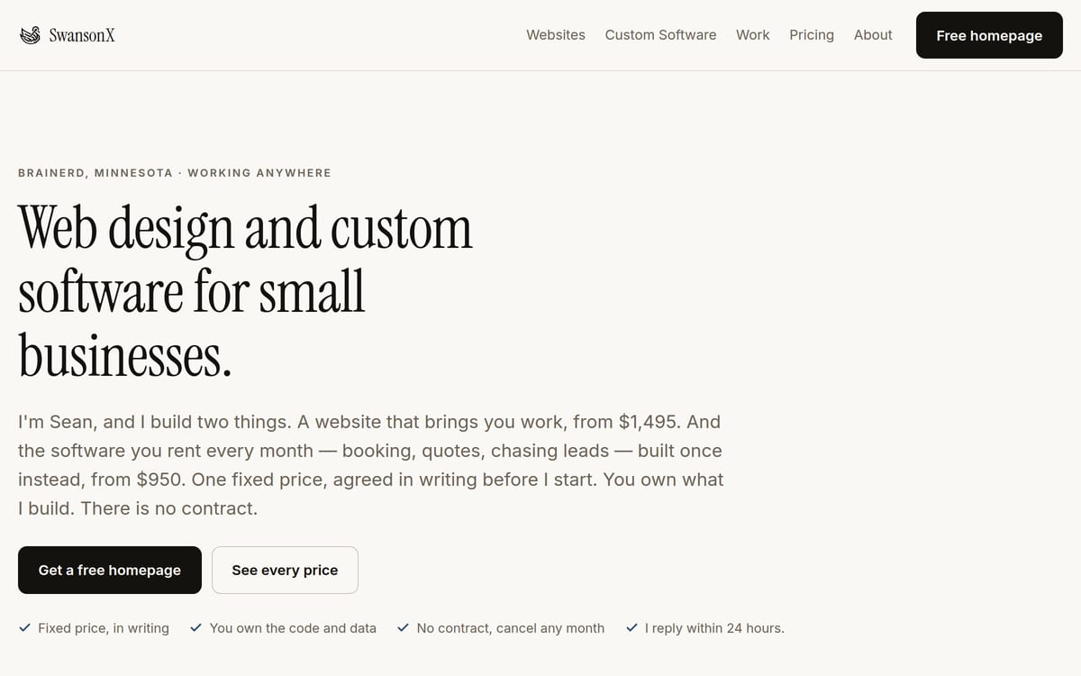 The SwansonX homepage: serif type on a bone background, with the price of every service written on the page